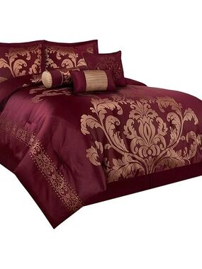 Elegant Burgundy and Gold Damask 3 piece queen Comforter Set